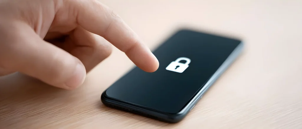 A hand touches the screen of a smartphone displaying a white padlock icon, symbolizing digital security or privacy.